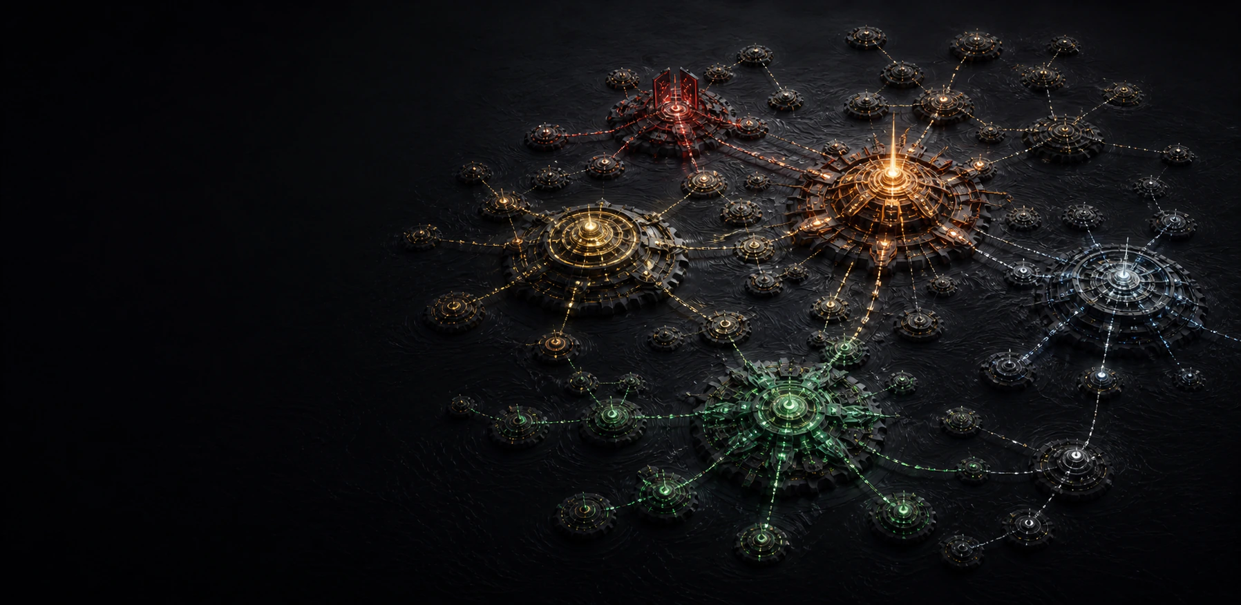Five shape-coded island clusters linked to a luminous central forge, representing Forge 50's connected outcome routes.